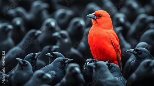 A lone red bird sitting in stark contrast among a sky full of blackbirds, symbolizing the strength of self-expression and standing out in a crowd