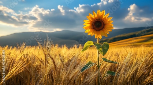 A lone sunflower breaks the horizon, towering over a field of wheat. Its petals catch the sunlight while the wheat bows low in a subtle wind photo