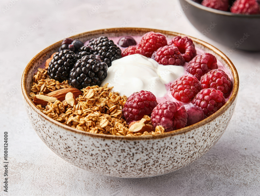 Healthy breakfast bowl with granola, yogurt, and fresh berries. This vibrant dish features raspberries, blackberries, and almonds, perfect for nutritious start to day Healthy breakfast bowl with granola, yogurt, and fresh berries. This vibrant dish features raspberries, blackberries, and almonds, perfect for nutritious start to day