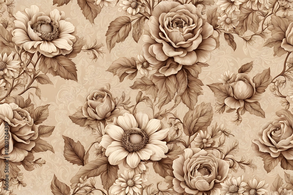 Fototapeta premium Vintage seamless floral pattern with intricate roses daisies and leaves in sepia tones, Ai Generated