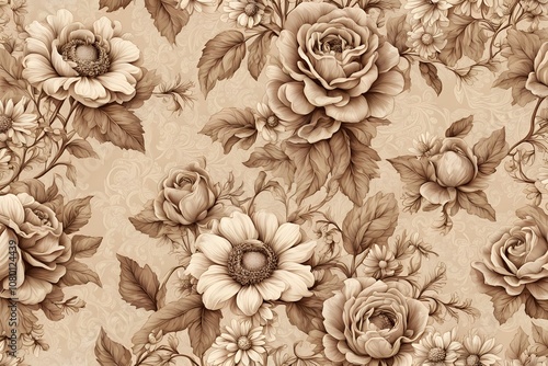 Vintage seamless floral pattern with intricate roses daisies and leaves in sepia tones, Ai Generated