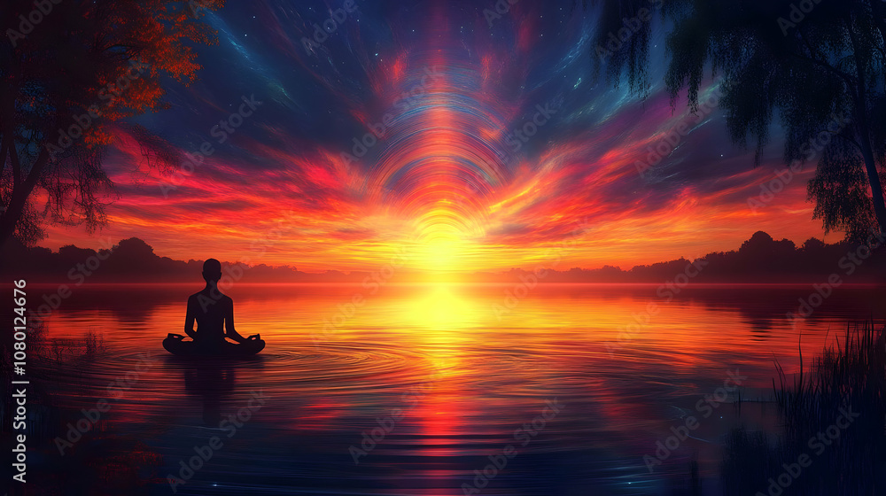 Silhouette of a Person Meditating on a Lake at Sunset - Illustration Silhouette of a Person Meditating on a Lake at Sunset - Illustration