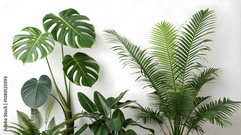 Lush green tropical plants bush isolated, Monstera palm rubber plant and fern cut out
Lush green tropical plants bush isolated, Monstera palm rubber plant and fern cut out