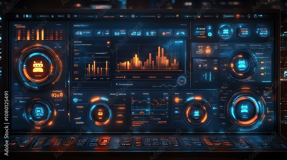 Obraz premium Futuristic digital dashboard with glowing interface displaying data graphs and charts.