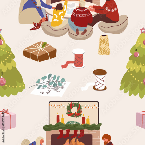 Seamless pattern winter activities inside the house, indoor, entertaining, preparing for Christmas, New Year, hand drawn, vector.