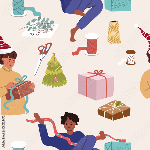 Seamless pattern winter activities inside the house, indoor, entertaining, preparing for Christmas, New Year, hand drawn, vector.