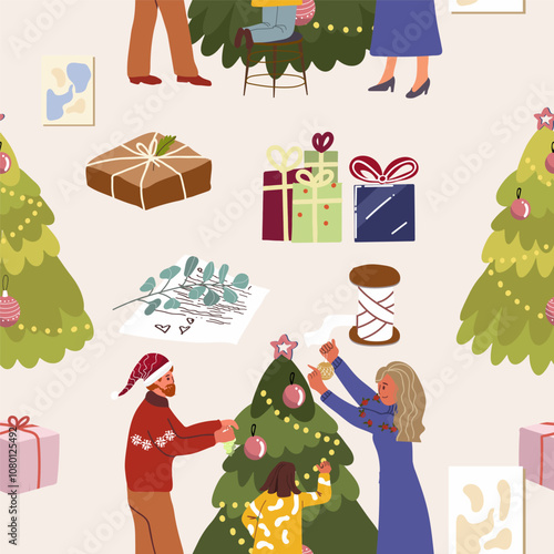 Seamless pattern winter activities inside the house, indoor, entertaining, preparing for Christmas, New Year, hand drawn, vector.