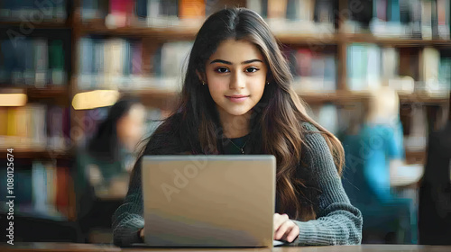 Young Woman Using Laptop in Library Photo