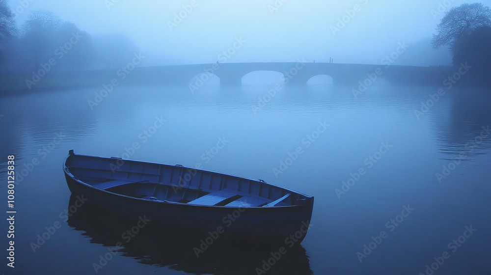 Fototapeta premium A small wooden boat floats on a misty lake, with a stone bridge in the background.