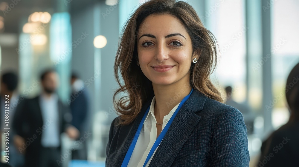 A smiling businesswoman with a blue lanyard in a conference setting A smiling businesswoman with a blue lanyard in a conference setting