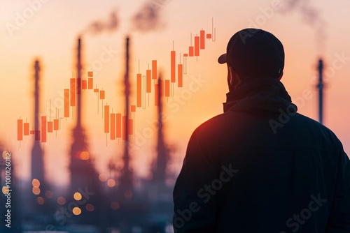 A man observes industrial growth at sunset, symbolizing economic progress and environmental challenges.