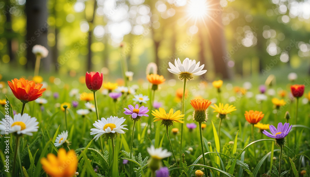 Colorful wildflowers in sunlight creating a cheerful and vibrant spring meadow Colorful wildflowers in sunlight creating a cheerful and vibrant spring meadow
