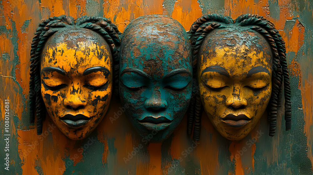 Three Abstract Masks with Braided Hair on a Distressed Background Three Abstract Masks with Braided Hair on a Distressed Background