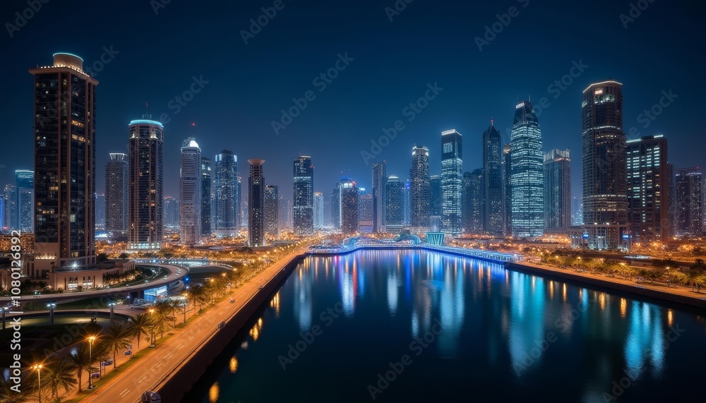 Obraz premium Bright cityscape at night with illuminated skyscrapers and river