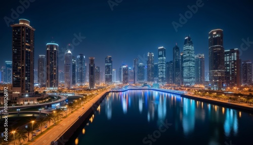 Wallpaper Mural  Bright cityscape at night with illuminated skyscrapers and river Torontodigital.ca