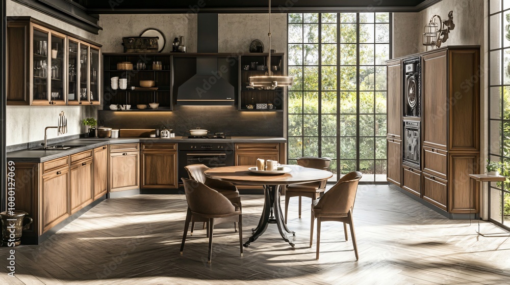 Modern Kitchen with Wooden Cabinets Dining Table and Window View Modern Kitchen with Wooden Cabinets Dining Table and Window View