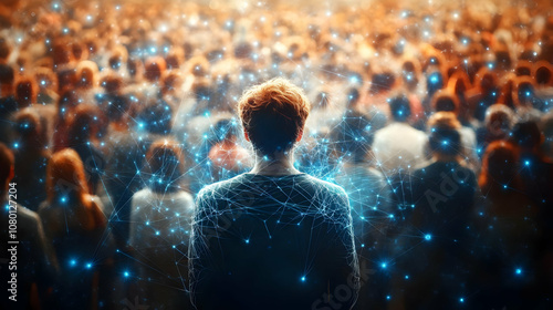 Abstract Illustration of Person in Crowd with Network Connections