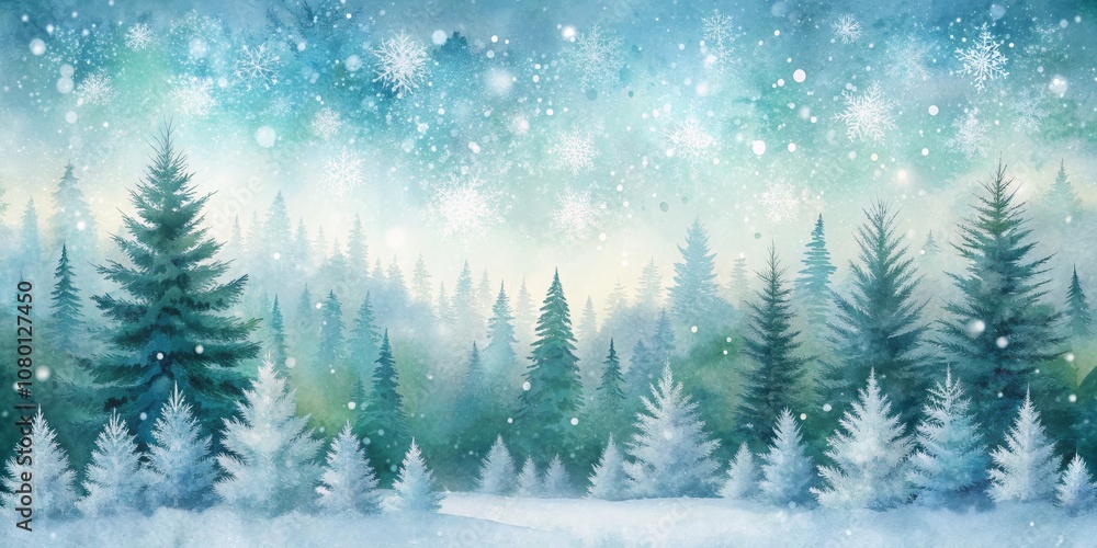 Naklejka premium Winter Wonderland Watercolor Forest with Falling Snowflakes