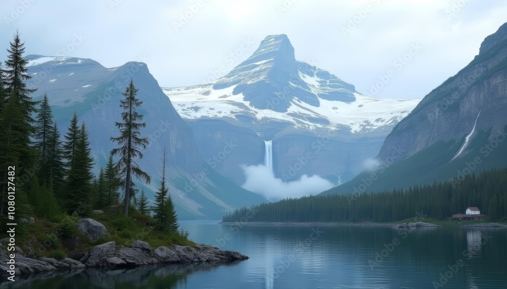 Tranquil mountain lake with waterfall and forest Tranquil mountain lake with waterfall and forest