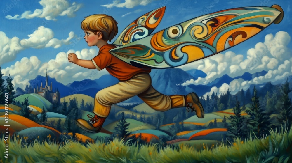 Naklejka premium Colorful boy with wings running through mystical landscape