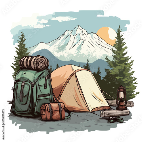 Camping in the mountains with a backpack and tent. Vector illustration.eps