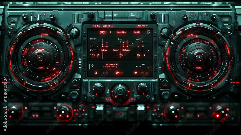 Futuristic music player with red lights and dials. Futuristic music player with red lights and dials.