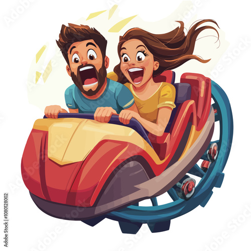 Cartoon happy couple having fun on roller coaster. Vector illustration..eps