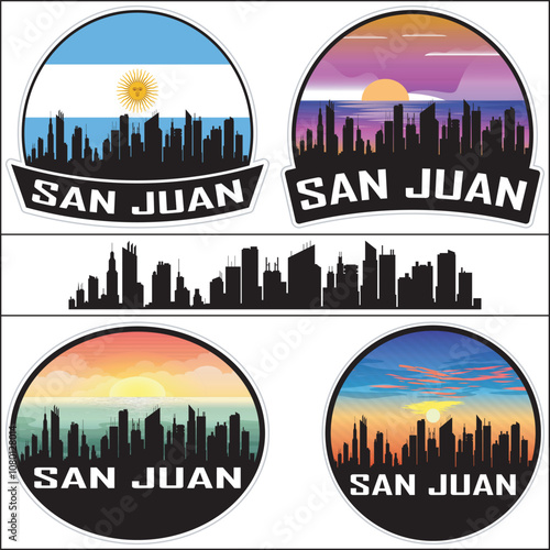 San Juan Argentina Flag Skyline Cityscape Silhouette Travel Souvenir Sticker Sunset Isolated Vector