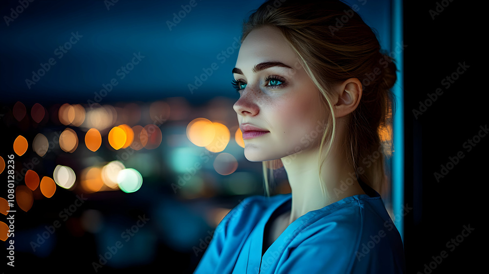 Woman Looking Out Window at Night - Realistic Image Woman Looking Out Window at Night - Realistic Image