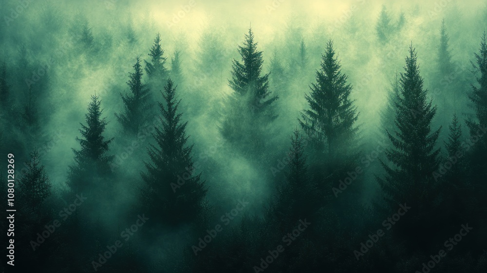 Misty forest landscape with tall evergreen trees and fog. Misty forest landscape with tall evergreen trees and fog.