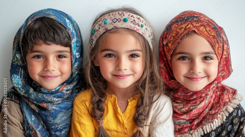 Three smiling children wearing colorful headscarves. Three smiling children wearing colorful headscarves.