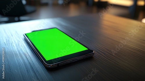 Smartphone with green screen on a wooden table.