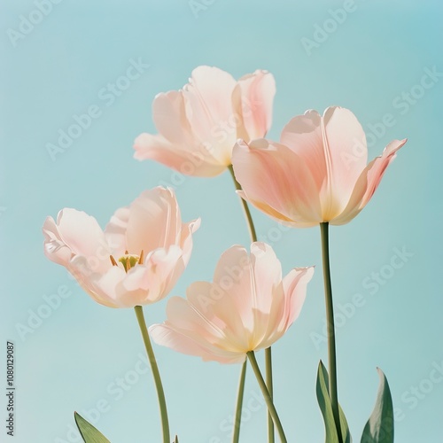 Pink tulips against a light blue sky background in high definition photography photos with delicate details and high resolution.generative ai