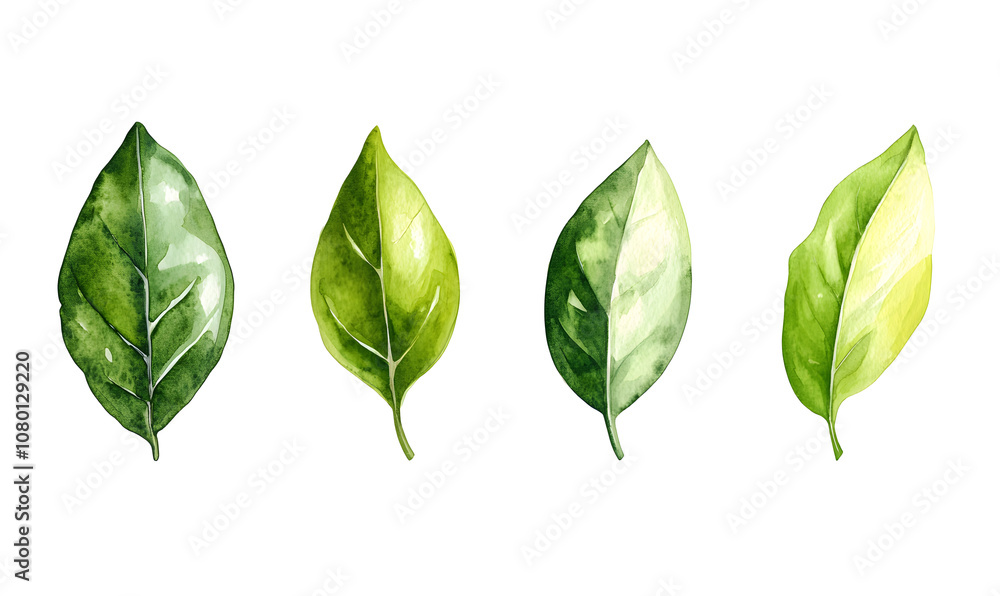 Fototapeta premium generation AI,Watercolor painted Green leaf leave icon set