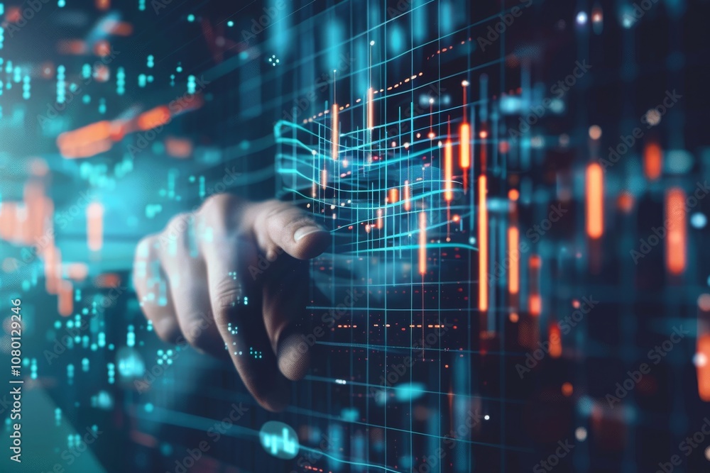 A hand interacts with a digital display showing a grid of data and visualizations, creating a captivating image. A hand interacts with a digital display showing a grid of data and visualizations, creating a captivating image.