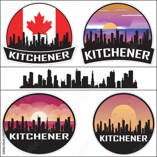 Kitchener Canada Flag Skyline Cityscape Silhouette Travel Souvenir Sticker Sunset Isolated Vector