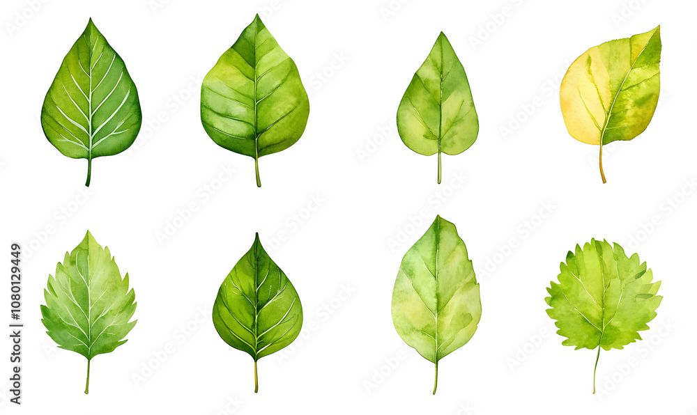 generation AI,Watercolor painted Green leaf leave icon set generation AI,Watercolor painted Green leaf leave icon set