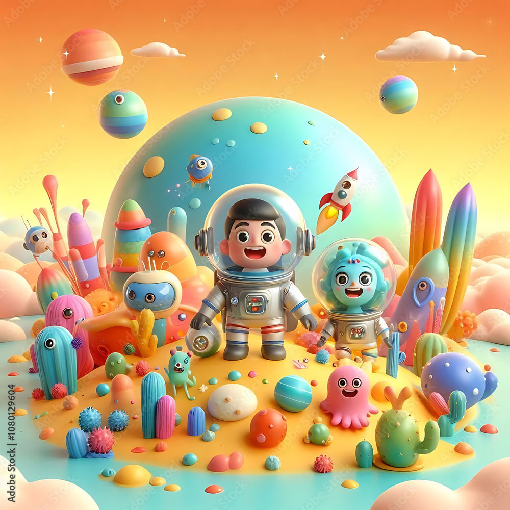 A fun, cartoonish 3D render of an astronaut couple exploring a colorful planet with unusual plants, funny alien creatures, and a small rocket ship. Digital render. A fun, cartoonish 3D render of an astronaut couple exploring a colorful planet with unusual plants, funny alien creatures, and a small rocket ship. Digital render.