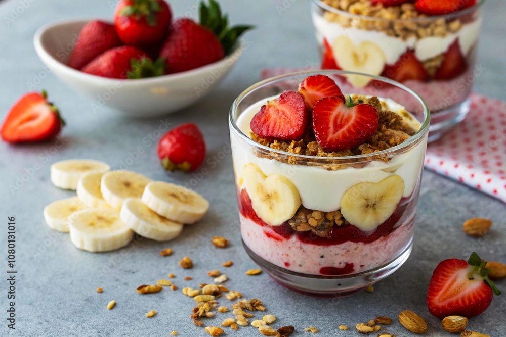 Delicious and colorful parfait with strawberries, bananas, and granola layered in a glass. Delicious and colorful parfait with strawberries, bananas, and granola layered in a glass.