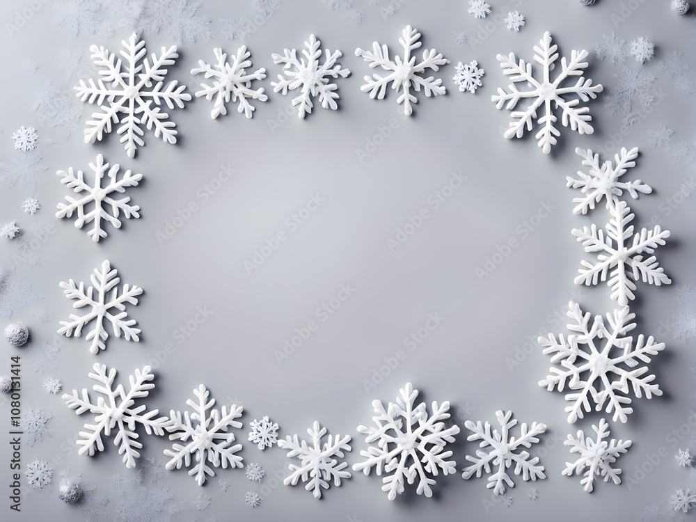 Christmas composition. Christmas frame made of snowflakes on pastel gray background. Winter concept. Flat lay, top view, copy space Christmas composition. Christmas frame made of snowflakes on pastel gray background. Winter concept. Flat lay, top view, copy space