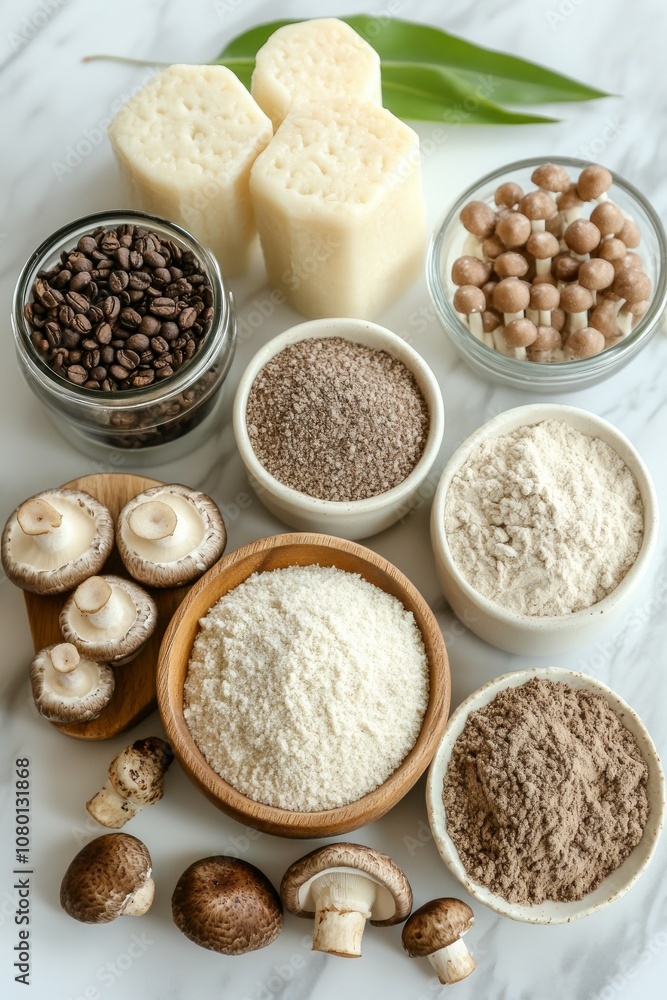 On a kitchen countertop, various ingredients for mushroom coffee are displayed, including mushrooms, coffee beans, and different powders in bowls and jars On a kitchen countertop, various ingredients for mushroom coffee are displayed, including mushrooms, coffee beans, and different powders in bowls and jars