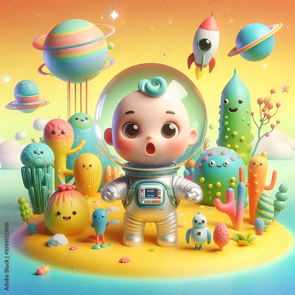A fun, cartoonish 3D render of an astronaut couple exploring a colorful planet with unusual plants, funny alien creatures, and a small rocket ship. Digital 3D Render Illustration. A fun, cartoonish 3D render of an astronaut couple exploring a colorful planet with unusual plants, funny alien creatures, and a small rocket ship. Digital 3D Render Illustration.