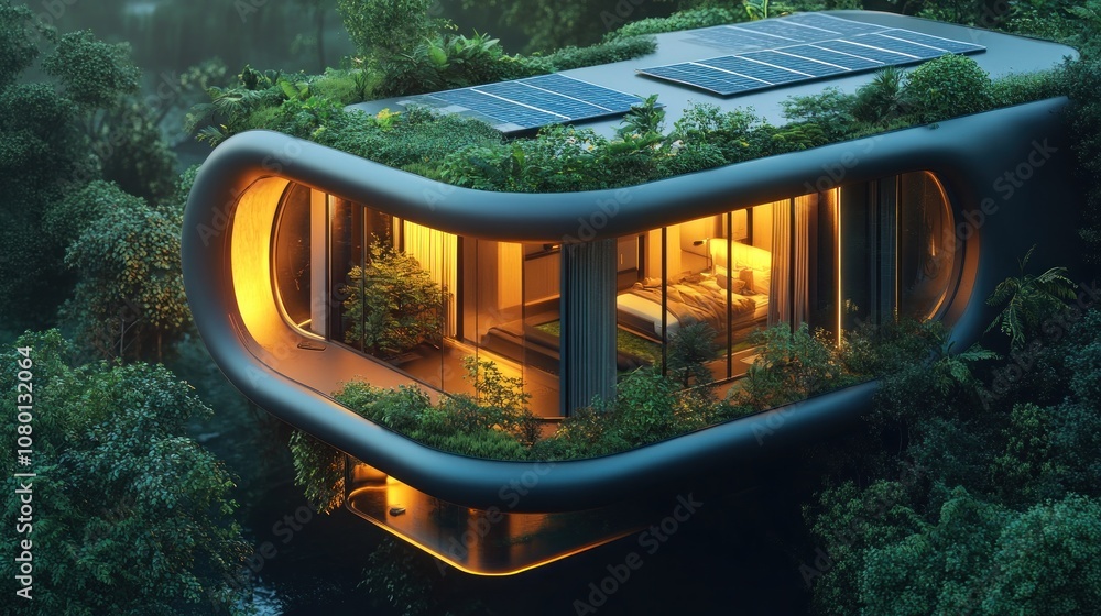 Futuristic eco-friendly home with solar panels on a green roof. Futuristic eco-friendly home with solar panels on a green roof.