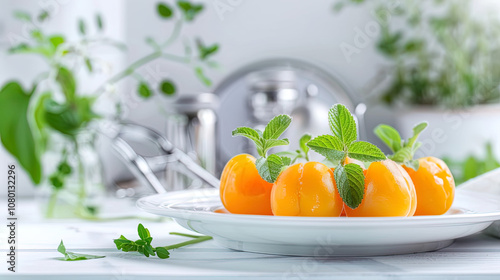 Healthy kidney-shaped fruit on white plate with fresh green leaves, symbolizing kidney health and wellness, surrounded by medical instruments. photo