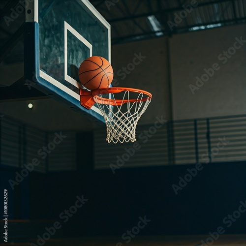 A basketball resting on the rim of a hoop inside a basketball gymnasium, basketball, hoop, net, court, indoor, gym, sports, fitness, training, ball, sport, basket, game, orange, isolated, play, team, 