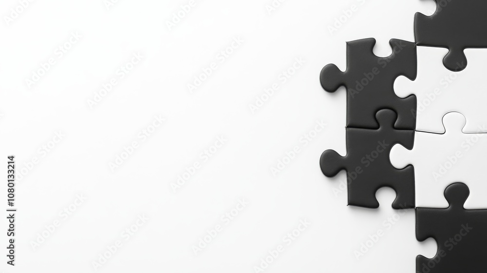 Black and white puzzle pieces on a minimalistic background. Black and white puzzle pieces on a minimalistic background.
