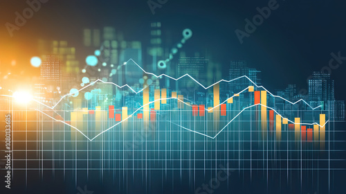 Stock Market Chart with Focused View, Featuring Red, Blue, and Green Lines Representing Price Changes, Backdrop Blurred for Emphasis