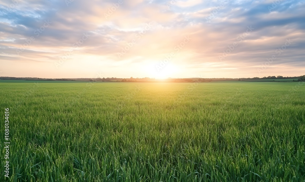 Serene field under a dramatic cloudy sky at sunset, Generative AI Serene field under a dramatic cloudy sky at sunset, Generative AI