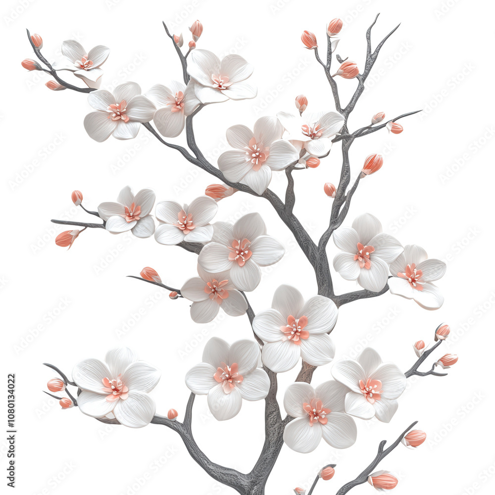 Beautiful white cherry blossoms blooming on a branch, symbolizing spring and renewal. isolate on white background Beautiful white cherry blossoms blooming on a branch, symbolizing spring and renewal. isolate on white background