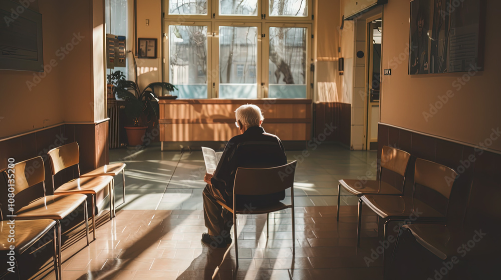 Patient sitting alone in a quiet hospital waiting room, reflecting on life's uncertainties and the strength needed to face challenges. Emotional resilience and the human spirit in times of adversity. Patient sitting alone in a quiet hospital waiting room, reflecting on life's uncertainties and the strength needed to face challenges. Emotional resilience and the human spirit in times of adversity.